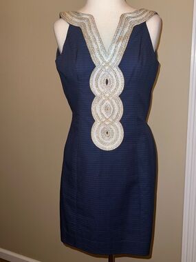 Lilly Pulitzer Navy Sheath Dress with Gold Embellished V-Placket
